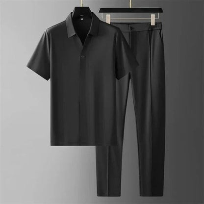Men’s Two-Piece Set – Slim Fit Shirt and Trousers – Cotton Blend – Button Down