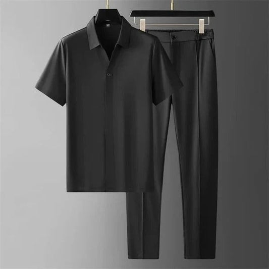 Men’s Two-Piece Set – Slim Fit Shirt and Trousers – Cotton Blend – Button Down