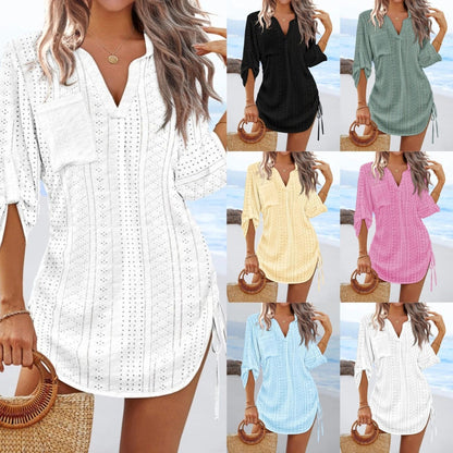 Women’s Beach Dress – Eyelet Lace – Relaxed Fit – V-Neck – Drawstring Side Detail