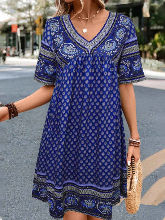 Women’s Casual Dress – Relaxed Fit – V-Neck – Short Sleeve – Ethnic Print – Cotton Feel