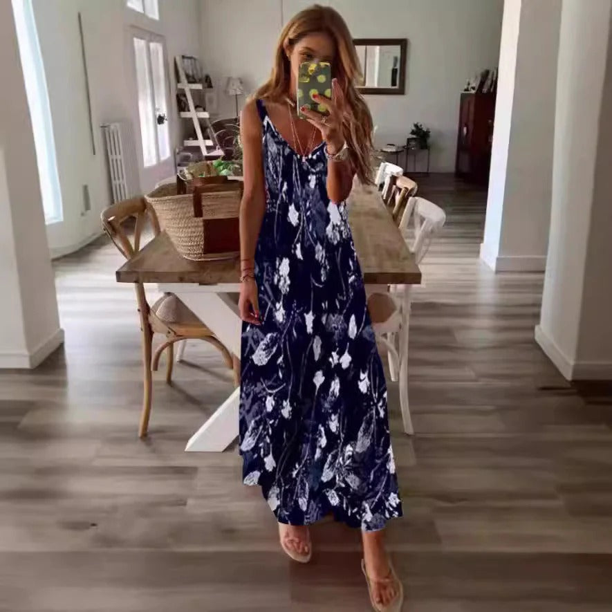 Women’s Maxi Dress – Flowing Fit – Cotton Blend – Sleeveless – Floral Print