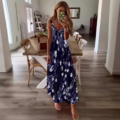 Women’s Maxi Dress – Flowing Fit – Cotton Blend – Sleeveless – Floral Print