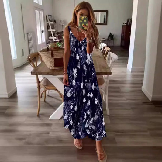 Women’s Maxi Dress – Flowing Fit – Cotton Blend – Sleeveless – Floral Print