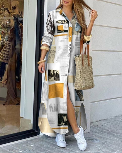 Women’s Maxi Dress – Relaxed Fit – Cotton Feel – Geometric Print – Button Front – Chest Pockets