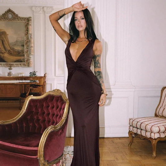 Women’s Maxi Dress – Slim Fit – Deep V Neckline – Sleeveless – Gathered Waist