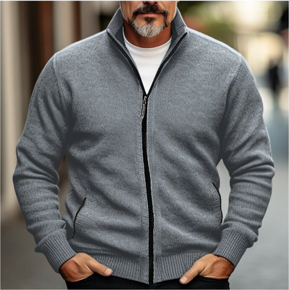 Men’s Zip-Up Cardigan – Wool Blend Knit – Regular Fit – High Collar – Ribbed Trim