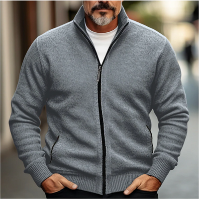 Men’s Zip-Up Cardigan – Wool Blend Knit – Regular Fit – High Collar – Ribbed Trim