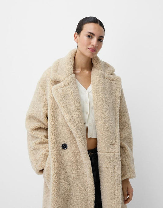 Women’s Oversized Coat – Teddy Fur – Full Length – Lapel Collar – Button Front