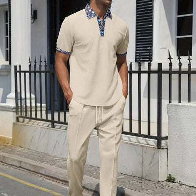 Men’s Casual Set – Relaxed Fit Short Sleeve Top – Tapered Drawstring Pants