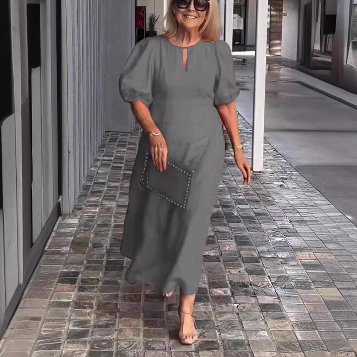 Women’s Maxi Dress – Flowing Fit – Puff Sleeves – Lightweight Draped Fabric – Keyhole Neck
