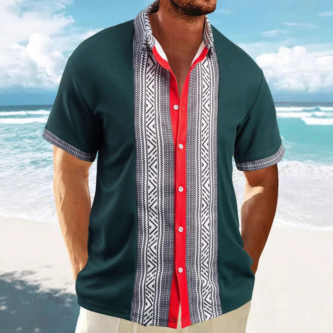 Men’s Short Sleeve Shirt – Relaxed Fit – Ethnic Print – Cotton – Button Down