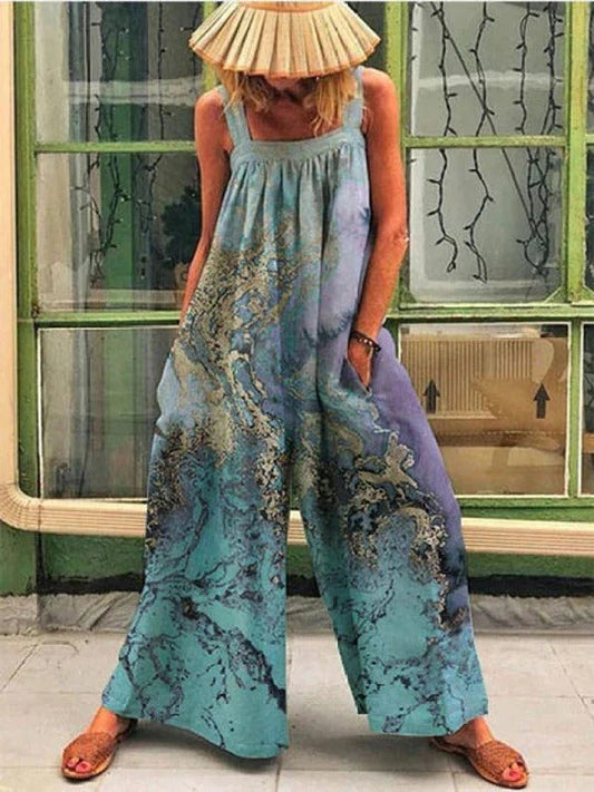 Women’s Wide-Leg Overall – Sleeveless Relaxed Fit – Artistic Print – Soft Drape Fabric