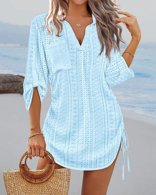 Women’s Beach Dress – Eyelet Lace – Relaxed Fit – V-Neck – Drawstring Side Detail