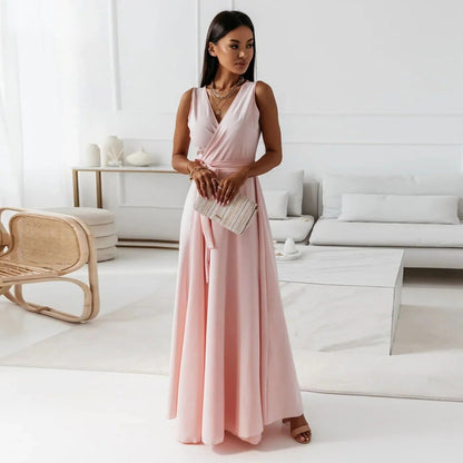 Women’s Maxi Dress – Luxury Fabric – V-Neck – Tie Waist – Sleeveless Elegant Fit