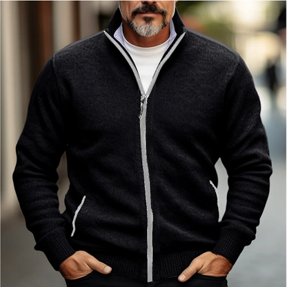 Men’s Zip-Up Cardigan – Wool Blend Knit – Regular Fit – High Collar – Ribbed Trim