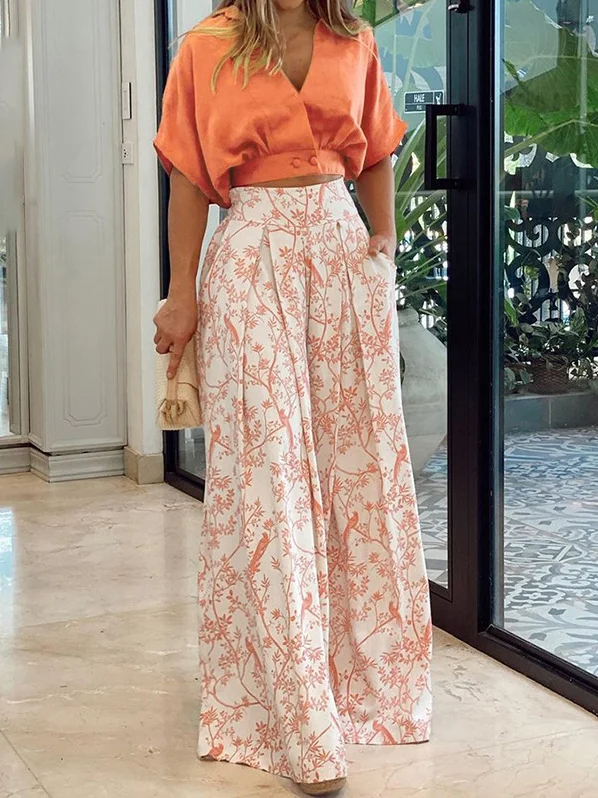 Women’s Two-Piece Set – Cropped Dolman Sleeve Top – Wide-Leg Pleated Trousers – Breathable Blend