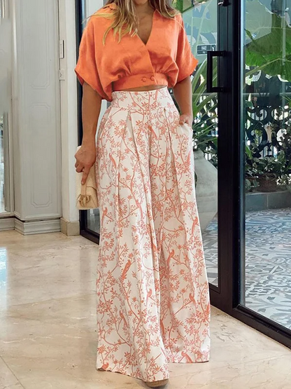 Women’s Two-Piece Set – Cropped Dolman Sleeve Top – Wide-Leg Pleated Trousers – Breathable Blend