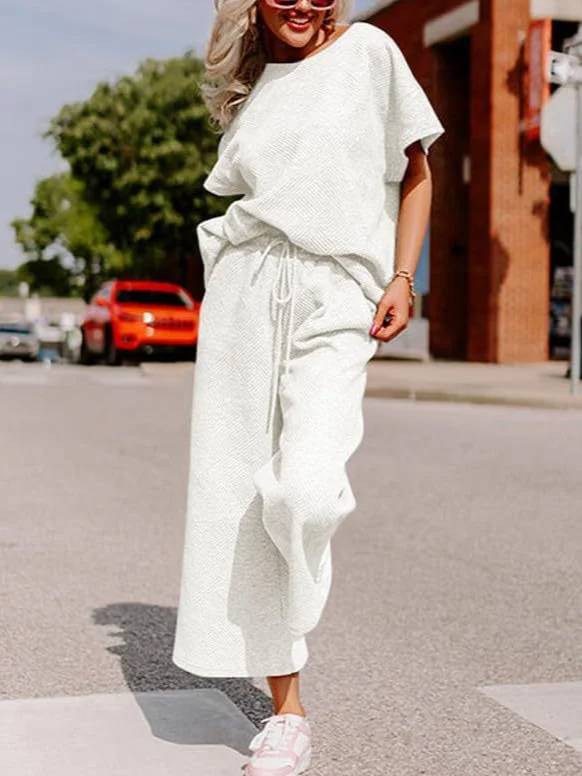 Women’s Two-Piece Set – Soft Knit – Relaxed Fit – Short Sleeve Top and Wide-Leg Trousers