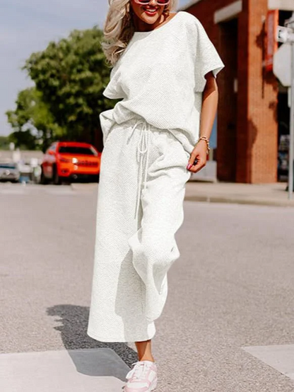 Women’s Two-Piece Set – Soft Knit – Relaxed Fit – Short Sleeve Top and Wide-Leg Trousers