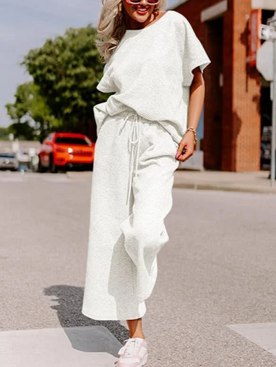 Women’s Two-Piece Set – Soft Knit – Relaxed Fit – Short Sleeve Top and Wide-Leg Trousers