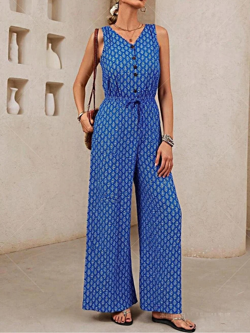 Women’s Jumpsuit – V Neck Sleeveless – Relaxed Fit – Drawstring Waist – Breathable Blend
