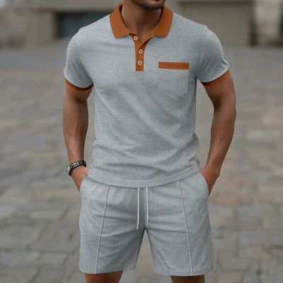 Men’s Polo Shirt and Shorts Set – Slim Fit – Cotton Blend – Half Button Top – Chest Pocket