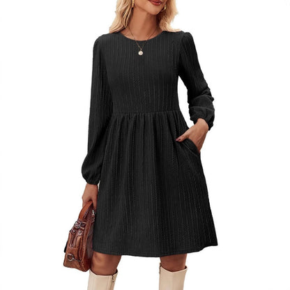 Women’s Knit Dress – Jacquard Texture – Fit and Flare – Puff Sleeve – Midi Length