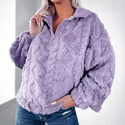 Women’s Pullover Sweatshirt – Plush Fleece – Oversized Fit – Half Zip Stand Collar