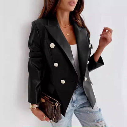 Women’s Blazer – Tailored Fit – Faux Leather – Double-Breasted – Structured Shoulder