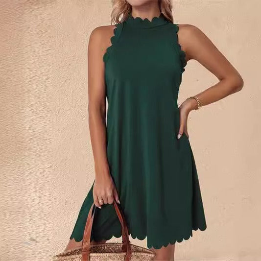 Women’s Mini Dress – A-Line Fit – Sleeveless High Neck – Ruffled Hem – Cotton