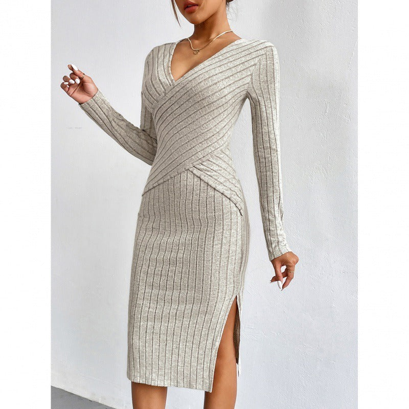 Women’s Midi Dress – Ribbed Knit – Slim Fit Wrap – Long Sleeve – Side Slit