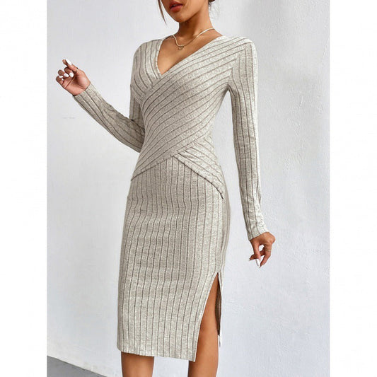 Women’s Midi Dress – Ribbed Knit – Slim Fit Wrap – Long Sleeve – Side Slit
