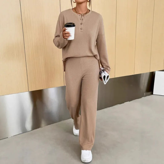 Women’s Loungewear Set – Ribbed Knit – Relaxed Fit Henley Top – Full-Length Pants
