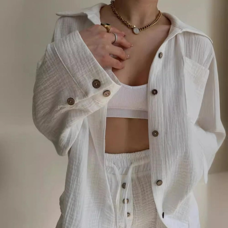 Women’s Two-Piece Set – Oversized Shirt and Drawstring Shorts – Cotton Feel – Relaxed Fit