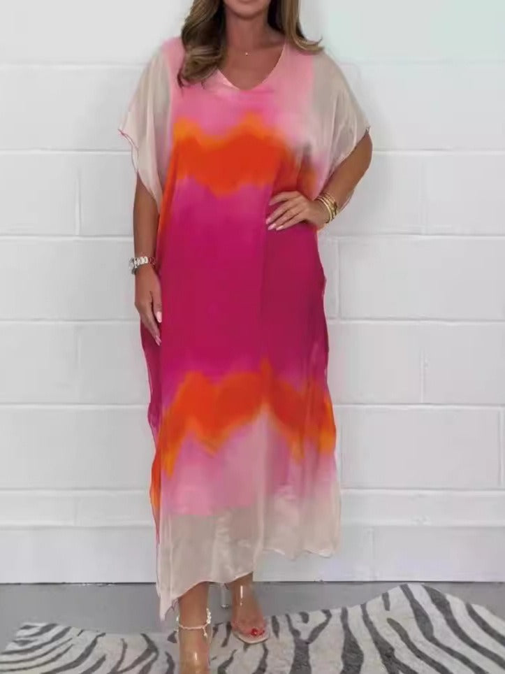 Women’s Maxi Dress – Chiffon – V-Neck – Ombre Gradient – Short Sleeve – Relaxed Fit