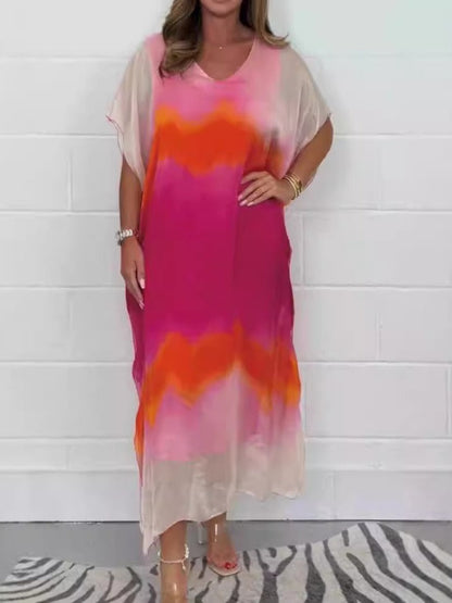 Women’s Maxi Dress – Chiffon – V-Neck – Ombre Gradient – Short Sleeve – Relaxed Fit