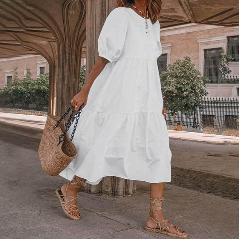 Women’s Midi Dress – Cotton Blend – A-Line Fit – Scoop Neck – Puff Sleeves – Tiered Skirt