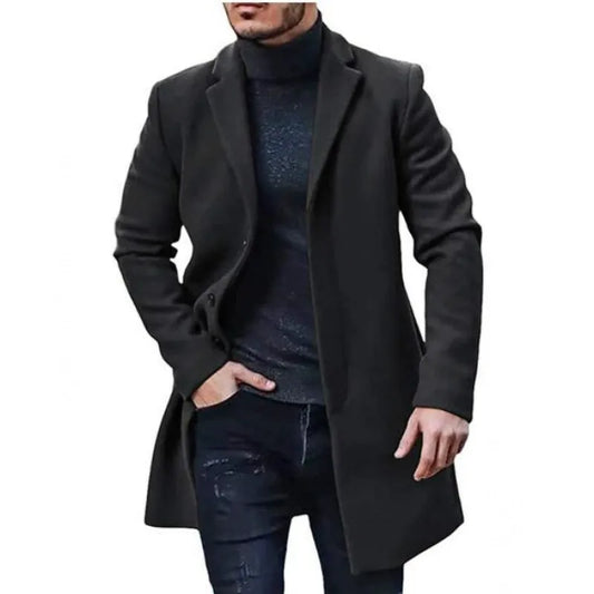 Men’s Overcoat – Tailored Fit – Wool Blend – Mid-Length – Button Front – Notched Lapel