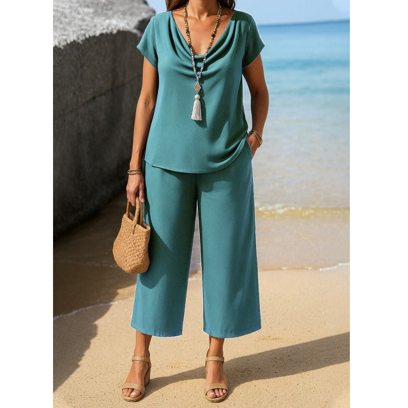 Women’s Two-Piece Set – Draped Collar Blouse – Short Sleeve – Wide-Leg Cropped Trousers
