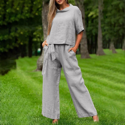 Women’s Two-Piece Set – Relaxed Fit – Short Sleeve Top – Wide-Leg Trousers – Cotton