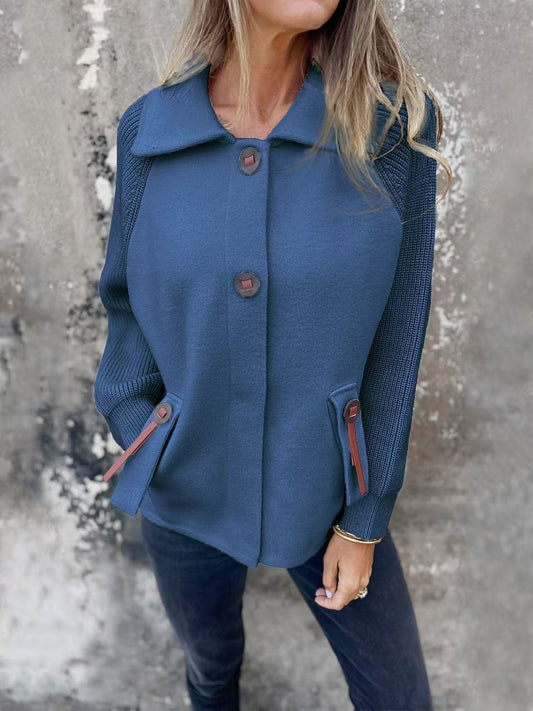 Women’s Jacket – Relaxed Fit – Wool Blend – Ribbed Sleeves – Wide Collar – Button Front
