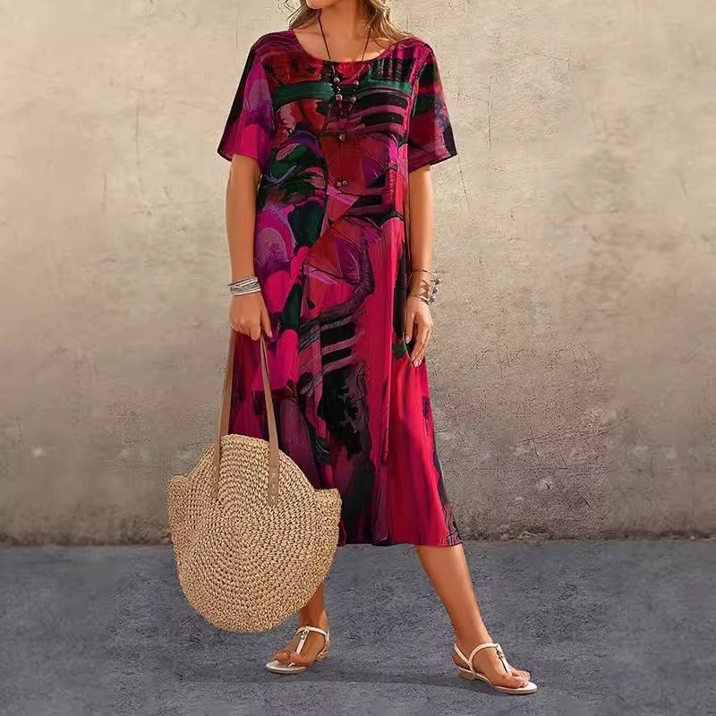 Women’s Midi Dress – Relaxed Fit – Breathable Cotton Feel – Abstract Print – Short Sleeve