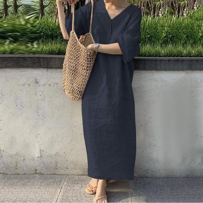 Women’s Maxi Dress – Relaxed Fit – Cotton Linen – V-Neck – Short Sleeve Casual Wear