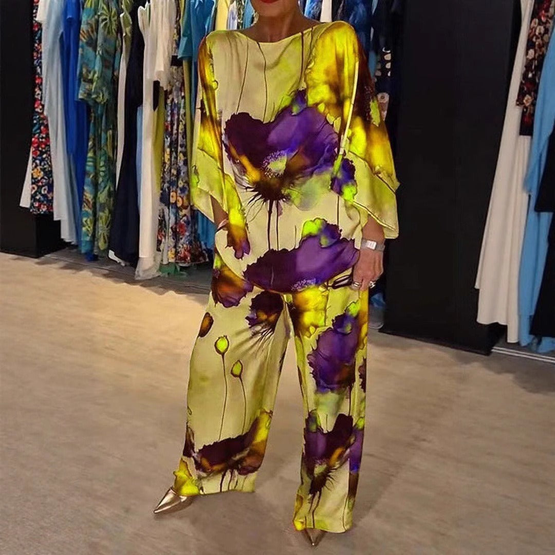 Women’s Pants Set – Wide Leg Trousers – Batwing Sleeve Top – Silky Abstract Print