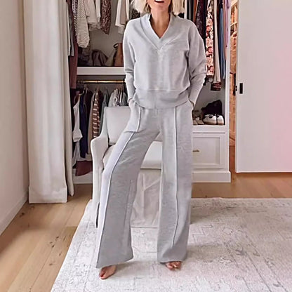 Women’s Two-Piece Set – V-Neck Long Sleeve Top – High Waist Wide-Leg Knit Pants