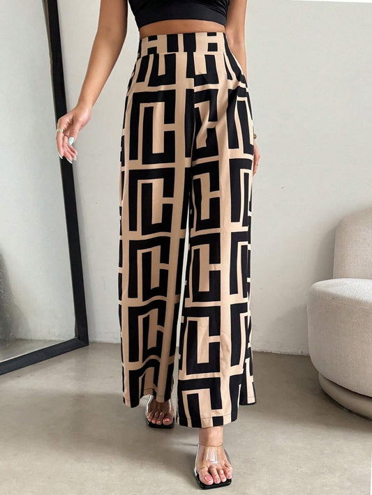 Women’s Wide-Leg Trousers – High Waist – Geometric Print – Relaxed Fit – Soft Fabric