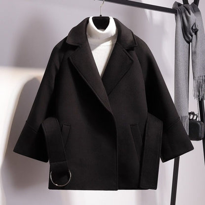 Women’s Wool Coat – Loose Fit – Notched Lapel – Open Front – Wide Sleeve with Strap