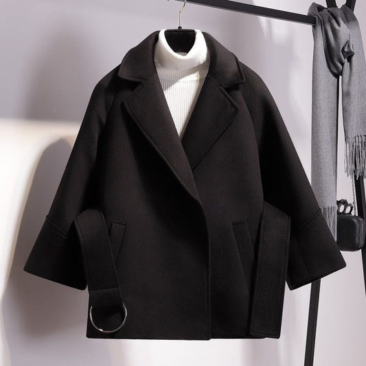 Women’s Wool Coat – Loose Fit – Notched Lapel – Open Front – Wide Sleeve with Strap