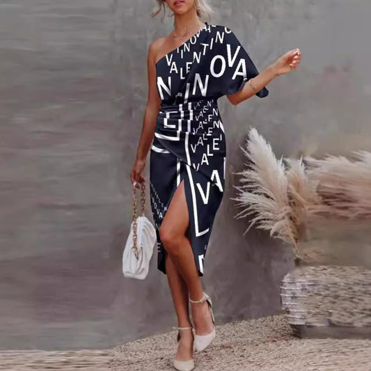 Women’s Bodycon Dress – One Shoulder – Stretch Fit – Letter Print – Waist Tie – Midi Length