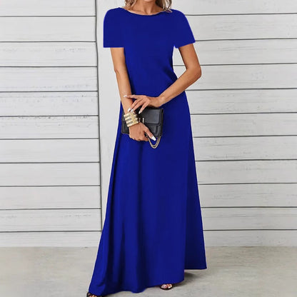 Women’s Maxi Dress – Slim Fit – Short Sleeve – Cotton Feel – Round Neck Casual Wear